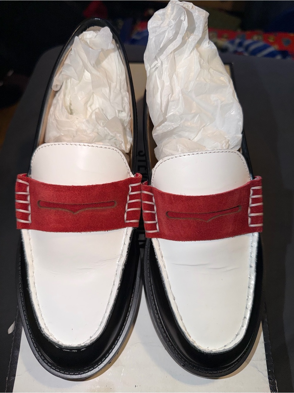 Steve Madden White Leather Loafers with Red Suede Strap